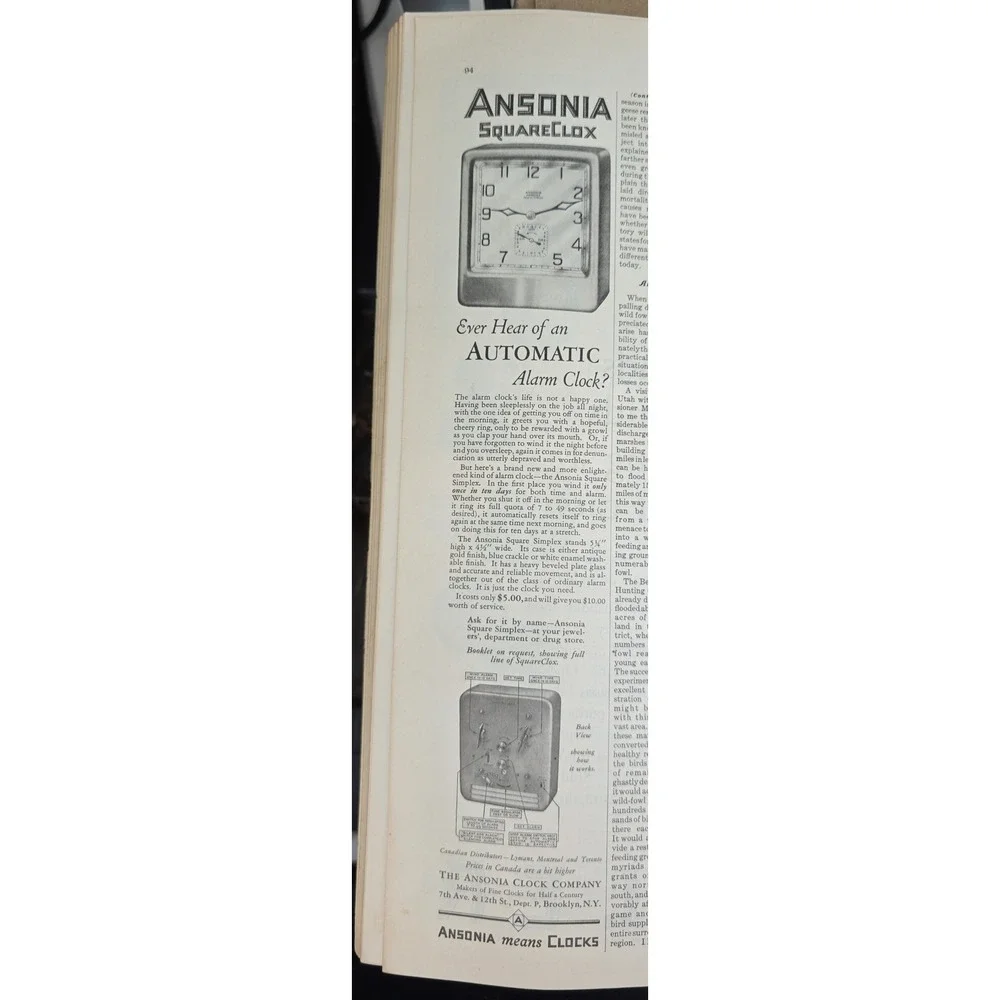 Ansonia Squarelox Automatic Alarm Clock Art Deco 1927 ad
